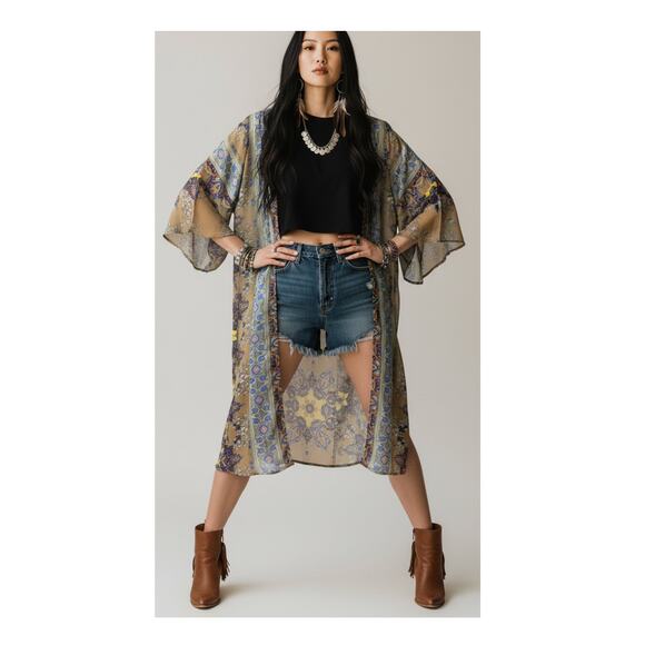 other Other - Bohemian Paisley Medallion Kimono Duster with Tulip Bell Sleeves size Small